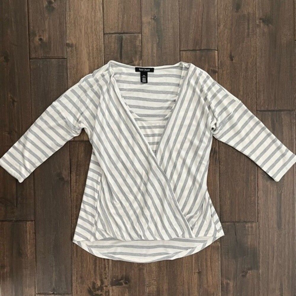 White House Black Market Gray & White Striped Faux Wrap Top XXS